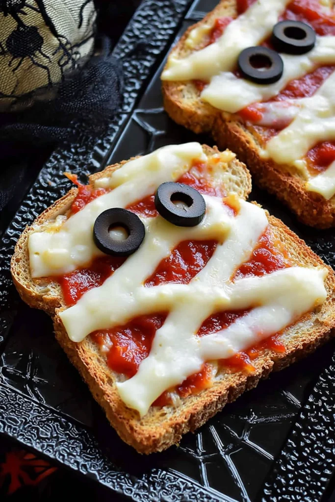 Close-up of Halloween mummy toast with melted mozzarella cheese and black olive eyes