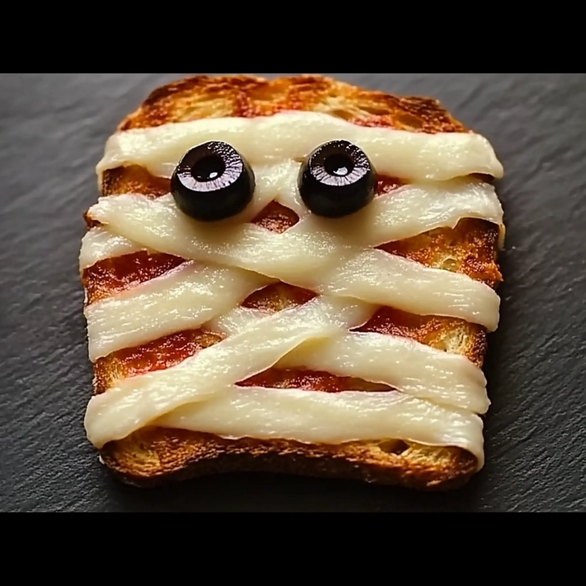 Halloween mummy toast with melted cheese bandages and olive eyes on a dark slate background.