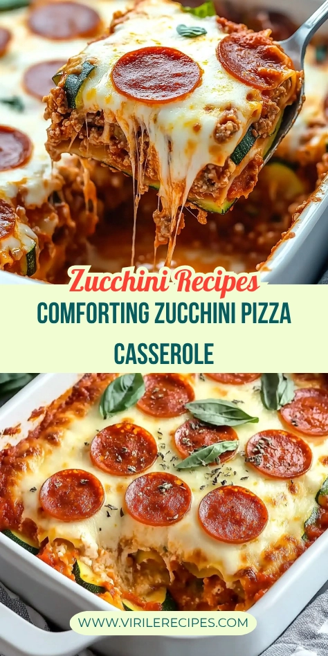 Two-image collage of zucchini pizza casserole with melted cheese, pepperoni, and herbs in a white baking dish.