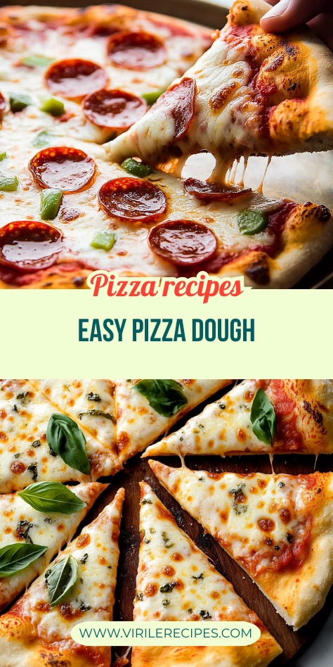 Two-part Pinterest collage showing cheesy pepperoni pizza with a cheese pull and a top-down view of basil-topped cheese pizza.