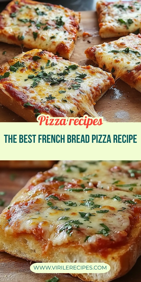 Vertical collage of cheesy French bread pizza slices with fresh herbs on a rustic wooden board.