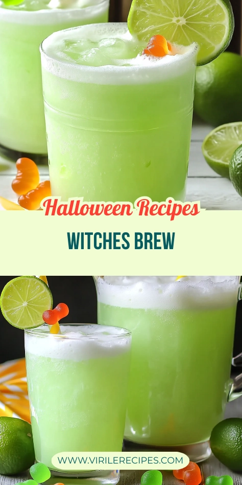 Halloween Witches Brew drink made with bright green soda, foamy top, lime slices, and gummy worms in glasses and pitcher.