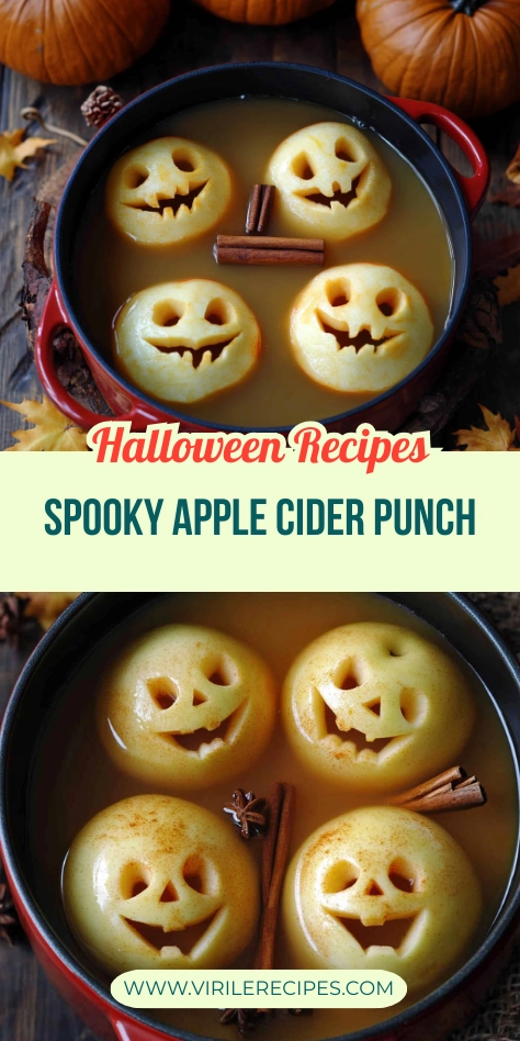 Smiling jack-o’-lantern apples in warm cider with cinnamon sticks in a red pot, surrounded by pumpkins and autumn leaves