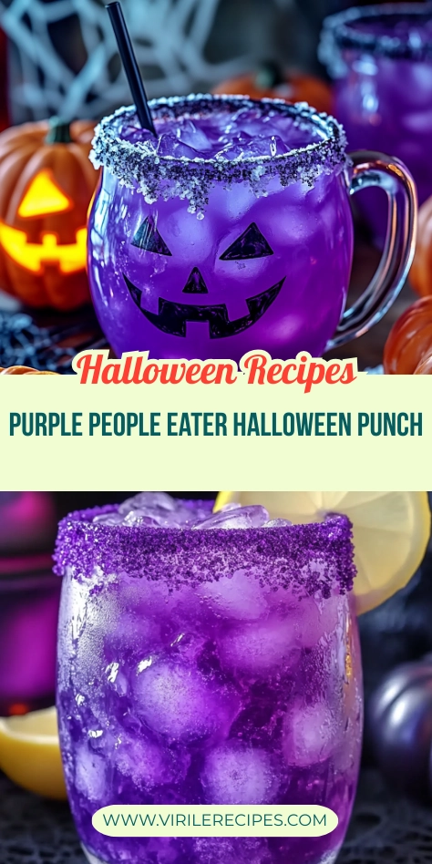Halloween Purple People Eater Punch in spooky mugs with sugar rims and glowing pumpkins