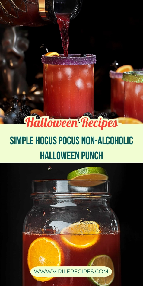 Spooky non-alcoholic Halloween punch served in a glass jar with orange and lime slices.