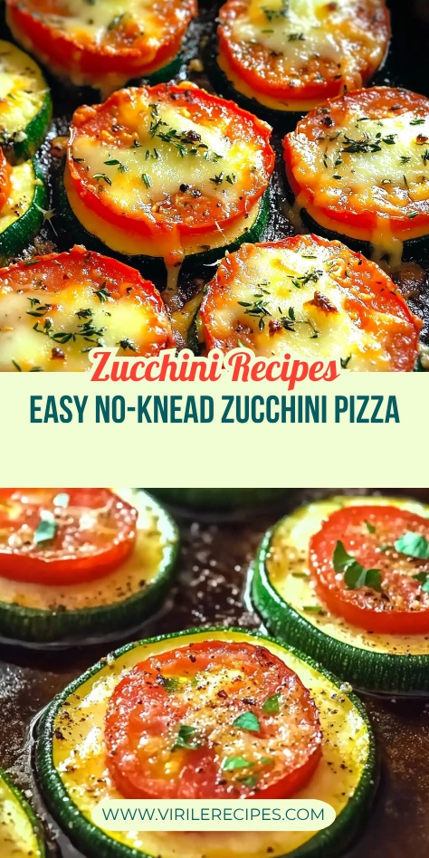 Collage showing baked zucchini pizza bites topped with tomato, melted cheese, and herbs on a rustic tray.