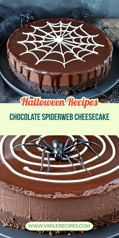 Halloween chocolate cheesecake with spiderweb ganache topping, ganache drip, and fake spider on top.
