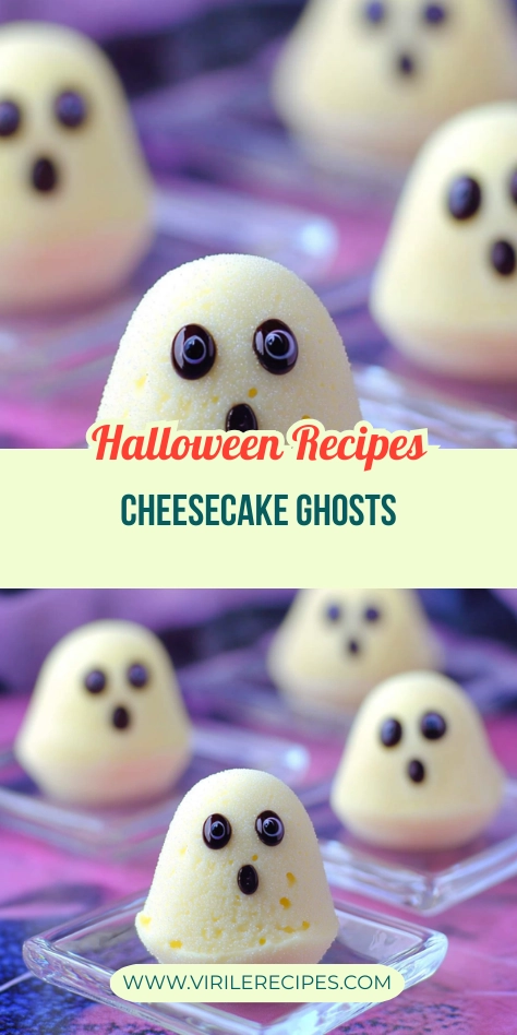 Cute cheesecake ghosts with candy eyes arranged on trays for Halloween