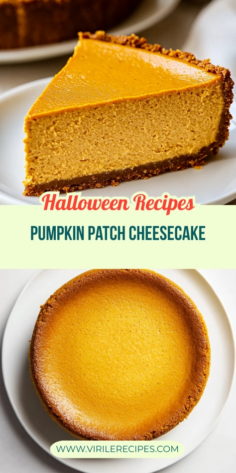Slice and whole pumpkin cheesecake styled together on white plates for a Halloween recipe graphic.