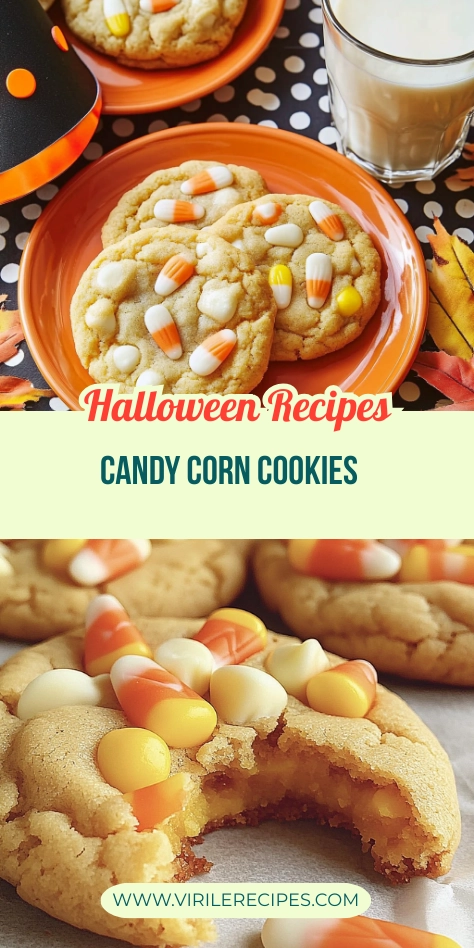 Pinterest collage featuring Halloween candy corn cookies served with milk, fall decorations, and a close-up of a bitten cookie.