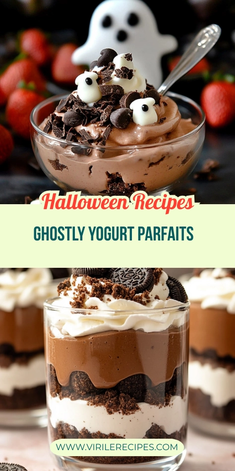 Split image of Halloween-themed chocolate ghost parfait and layered berry cheesecake parfaits in clear cups.