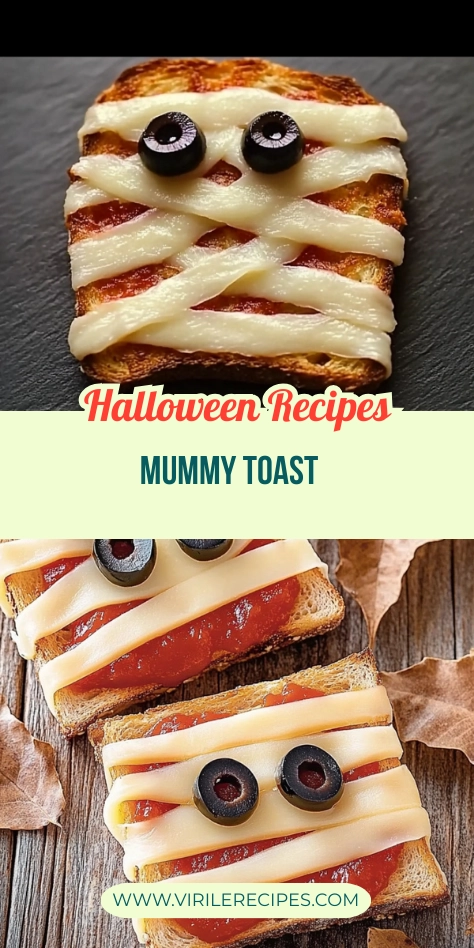 Mummy toast Halloween snack made with cheese, sauce, and olive eyes on rustic and slate backgrounds.