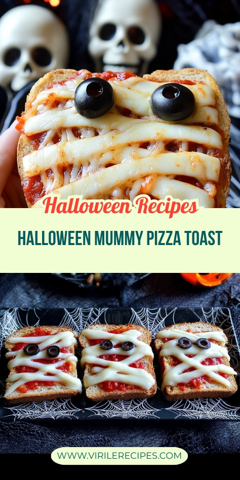 Vertical collage of Halloween mummy pizza toast with melted mozzarella and black olive eyes on spiderweb tray