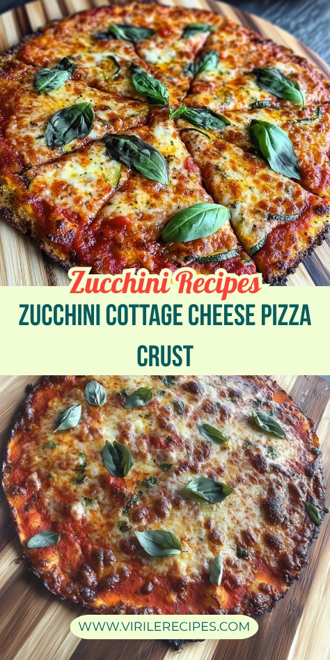 Sliced zucchini cottage cheese pizza crust with golden cheese, tomato sauce, and basil on a wooden board