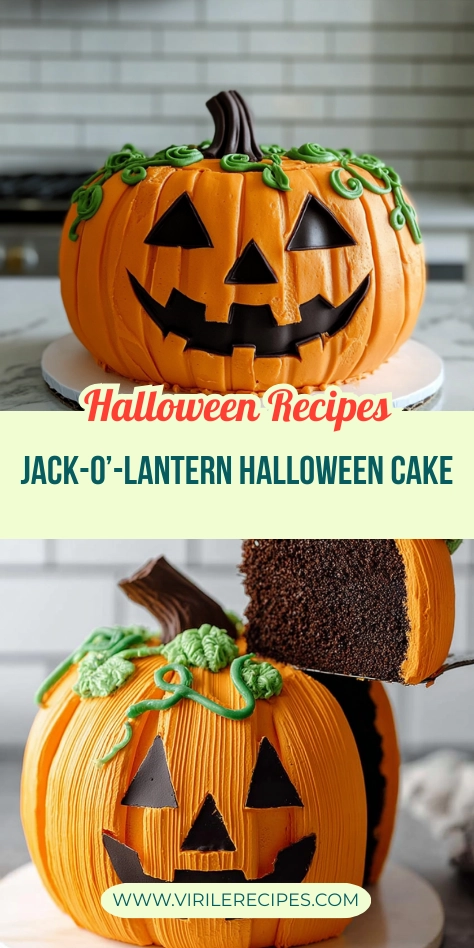 Stylized pumpkin Halloween cake with black fondant face, green curly fondant vines, and a chocolate cake slice lifted.