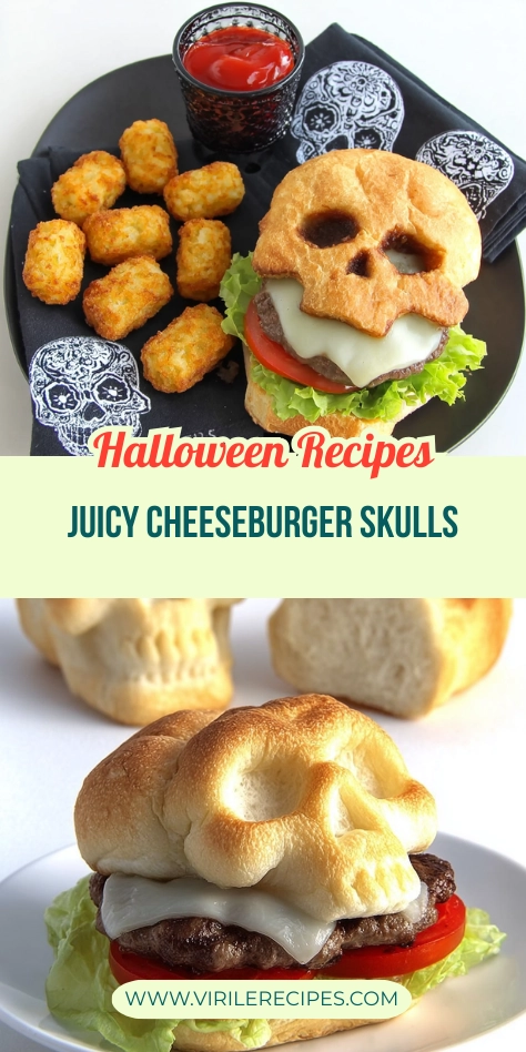Two Halloween skull cheeseburger food scenes—one with tater tots on a black plate and another close-up of a skull burger on a white plate