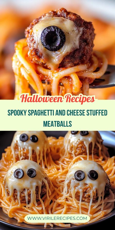 Collage of Halloween spaghetti and ghost-shaped cheese-stuffed meatballs with olive eyes and melted mozzarella