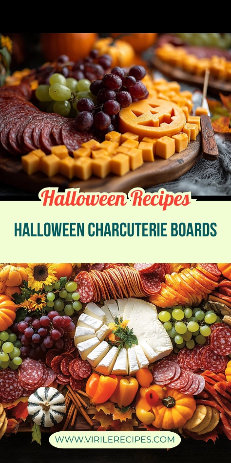 Two Halloween charcuterie boards with cheddar jack-o’-lantern, brie cheese wheel, assorted meats, grapes, mini pumpkins, and fall decorations.