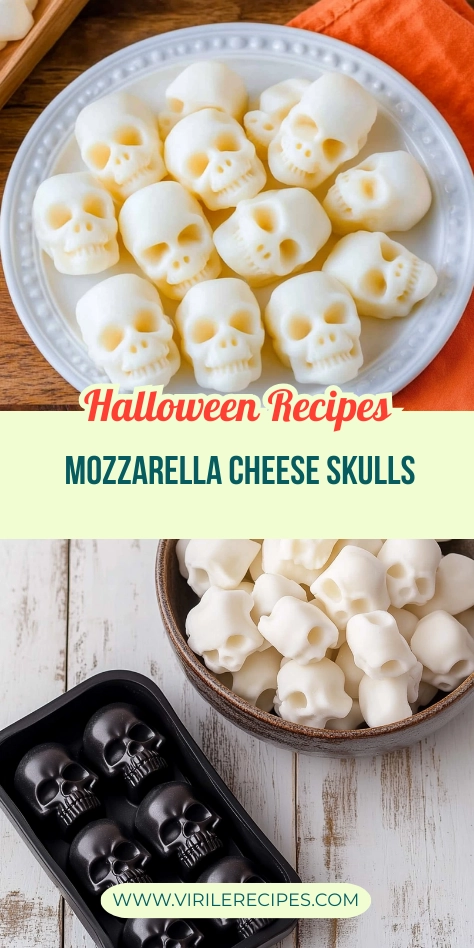 Halloween mozzarella cheese skulls on a plate with a black skull mold and cheese pieces in a rustic bowl