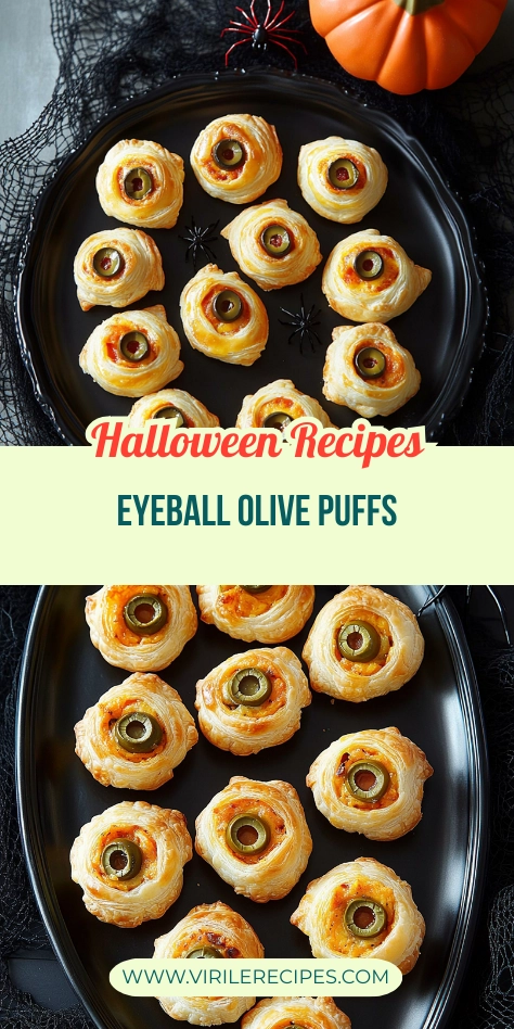 Eyeball olive puffs served on black trays with Halloween decorations including pumpkin and fake spiders