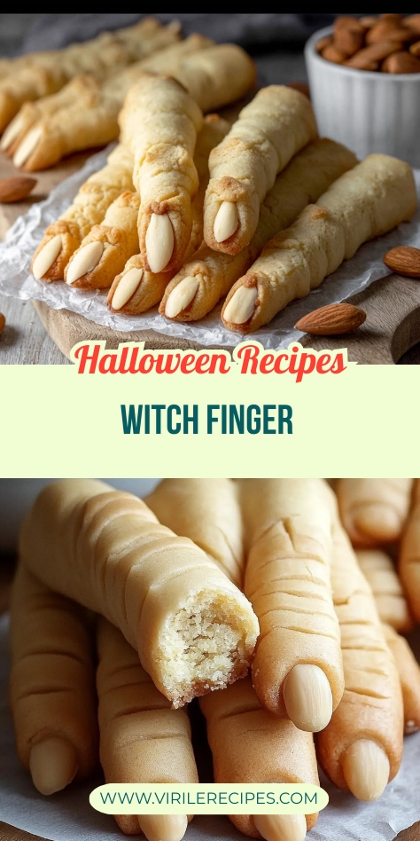 Vertical collage showing Halloween witch finger cookies, with almond nails and one bitten to reveal shortbread texture.