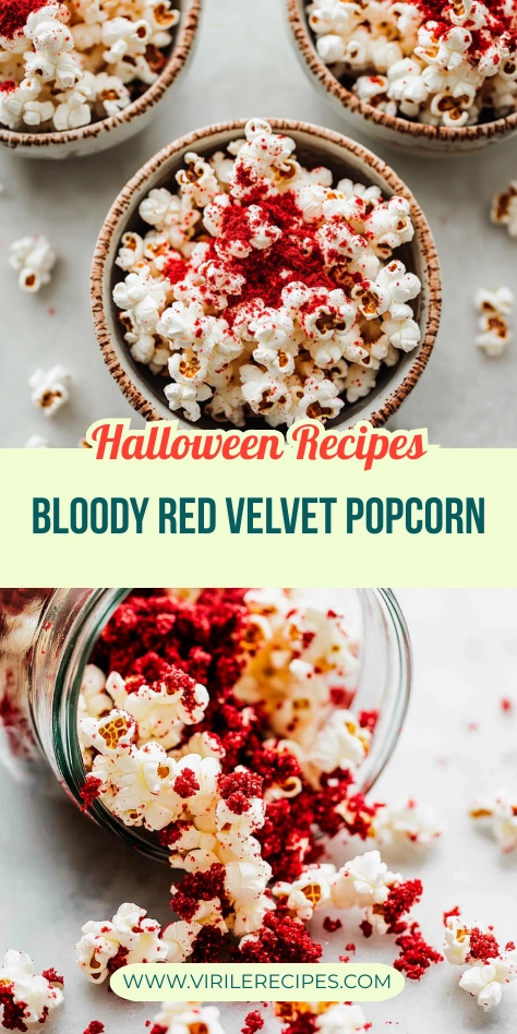 "Spilled Bloody Red Velvet Popcorn from a jar with red crumbs scattered across a marble surface, perfect for Halloween."