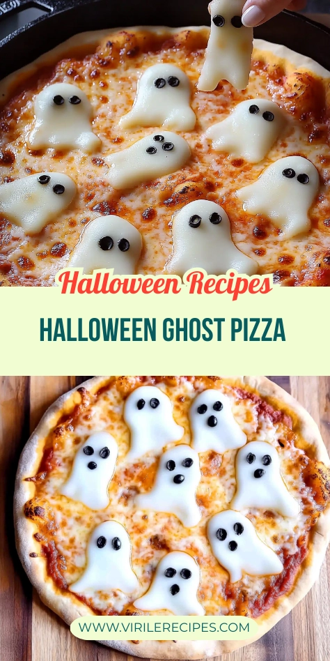 A Halloween pizza with mozzarella cheese ghosts and black olive faces, placed on a wooden surface, with a hand adding the final ghost slice and a "Halloween Ghost Pizza" banner.
