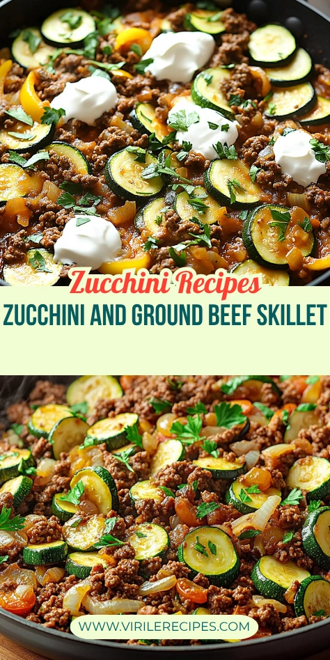 Zucchini and ground beef skillet recipe featured in a two-image collage with text overlay and branding from virilerecipes.com.