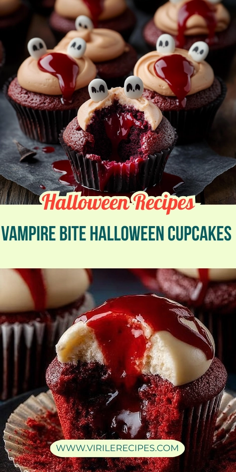 Halloween vampire bite cupcakes with raspberry filling and candy eyeballs on top.