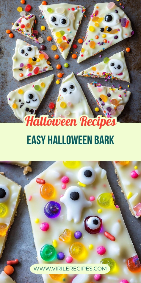 White chocolate bark broken into pieces and decorated with colorful gummy candies, sprinkles, and ghost-shaped candy, creating a fun Halloween-themed dessert.