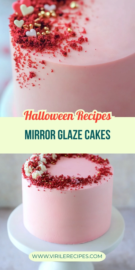 Pink mirror glaze cake with red velvet crumbs and heart-shaped sprinkles for Halloween.