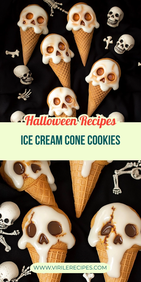 Halloween skull ice cream cone cookies with white icing and mini skeletons, displayed on a dark background with the text "Halloween Recipes" and "Spooky Baked Halloween Chips."