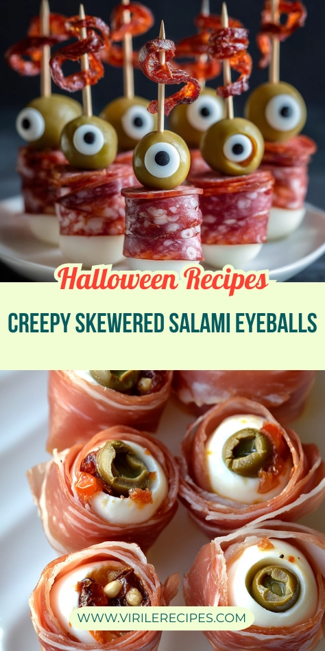 Two styles of Halloween eyeball appetizers: salami olive skewers and prosciutto mozzarella bites on skewers.