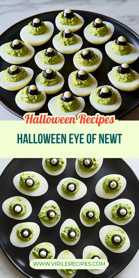 Halloween Eye of Newt deviled eggs arranged on black plates with green filling and olive eyeball toppings in a Pinterest collage.