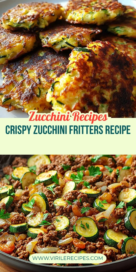 Dual image collage showing golden crispy zucchini fritters and a zucchini ground beef skillet with text promoting zucchini recipes