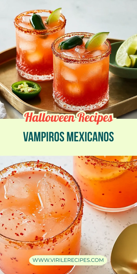 Collage of Vampiros Mexicanos cocktails with chili rims, lime wedges, and jalapeños on a golden tray.