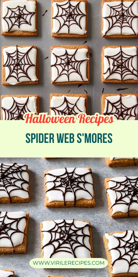 Pinterest collage showing Halloween spider web s’mores cookies decorated with white icing and chocolate webs.