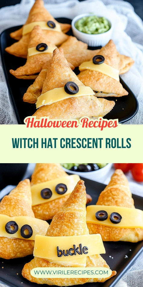 Witch hat crescent rolls with cheddar cheese and black olives, labeled with "buckle," served with guacamole and fresh tomatoes.
