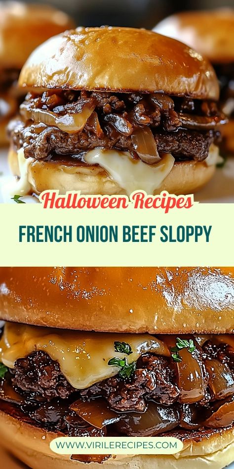 Halloween-themed French onion beef sloppy sandwich with melted cheese, caramelized onions, and juicy beef on a toasted brioche bun.