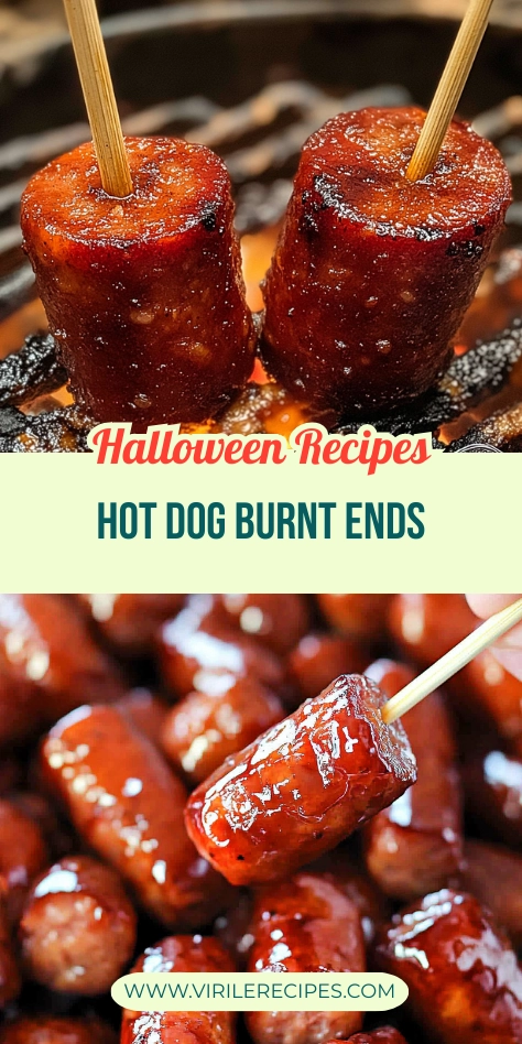 Close-up of hot dog burnt ends skewered with wooden sticks and glazed in a sweet caramelized sauce, with Halloween recipe overlay.