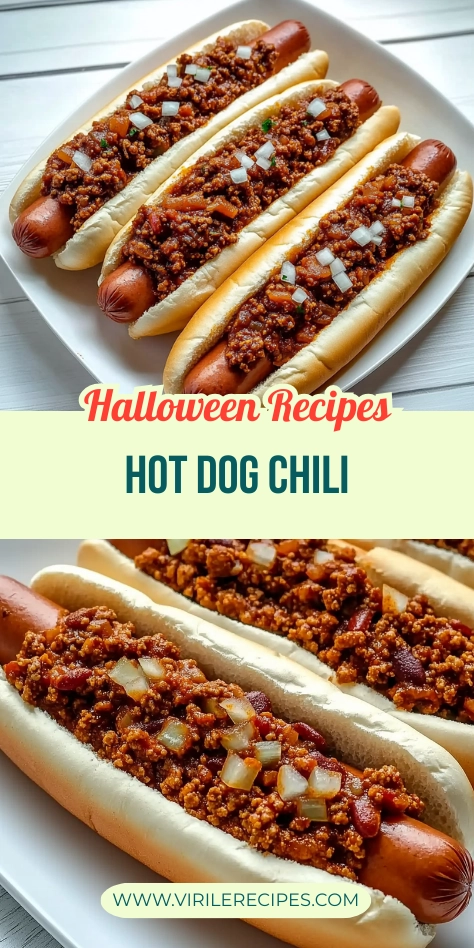 Halloween recipe featuring hot dogs topped with savory chili made from ground meat, beans, onions, and spices, served in soft buns with a festive design.
