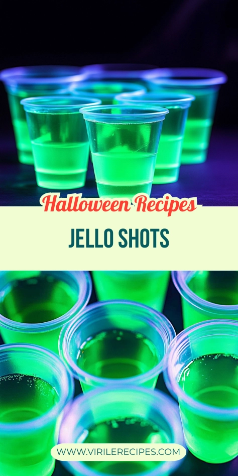 Neon green glowing jello shots in clear plastic cups, arranged in a dark setting, perfect for Halloween or themed parties.