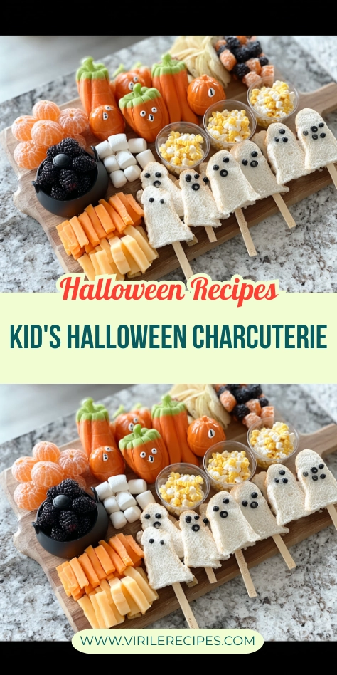 Kid’s Halloween charcuterie board with ghost sandwiches, pumpkin clementines, cheese cubes, and festive snacks on a wooden tray.