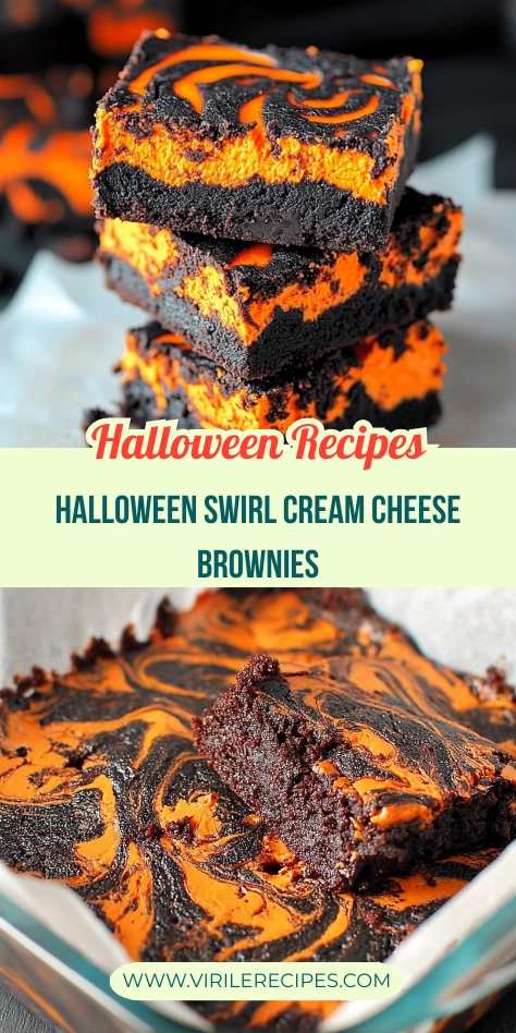Stacked Halloween swirl cream cheese brownies with bold black and orange cheesecake layers, plus a close-up of brownies in a baking dish.
