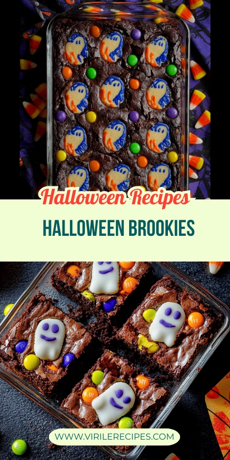Collage of Halloween brookies made with fudgy brownies topped with ghost sugar cookies and colorful candies, styled with candy corn and festive decorations.