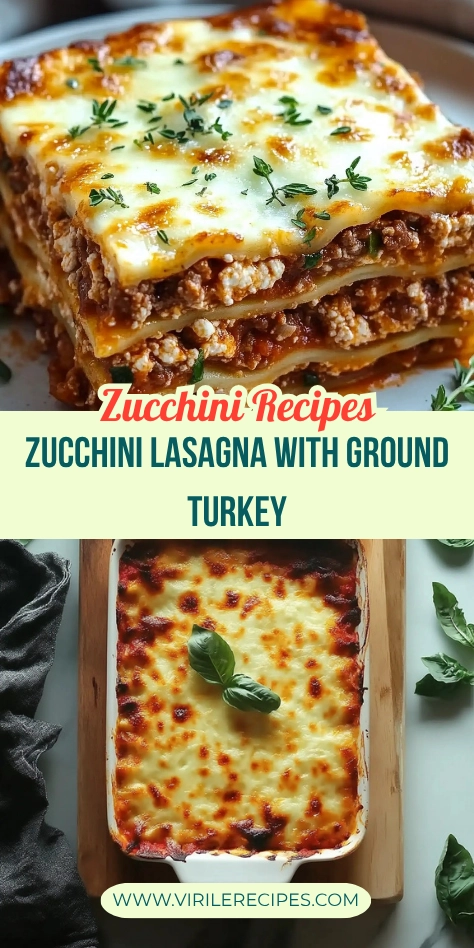 Zucchini lasagna with ground turkey, featuring a cheesy layered slice and a full baked dish with basil garnish.
