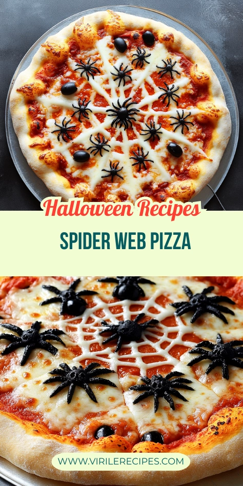Halloween spider web pizza with mozzarella cheese web and black olive spiders on a golden crust