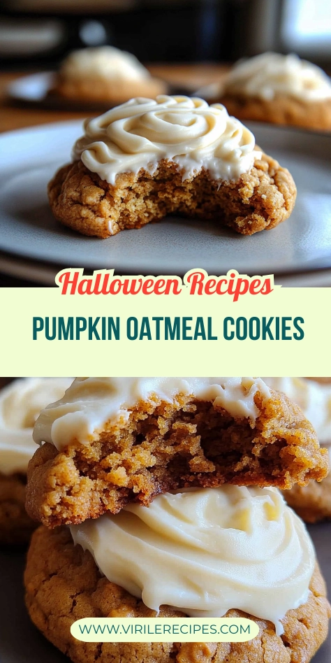 Pumpkin oatmeal cookies with creamy frosting, styled for fall and Halloween recipes