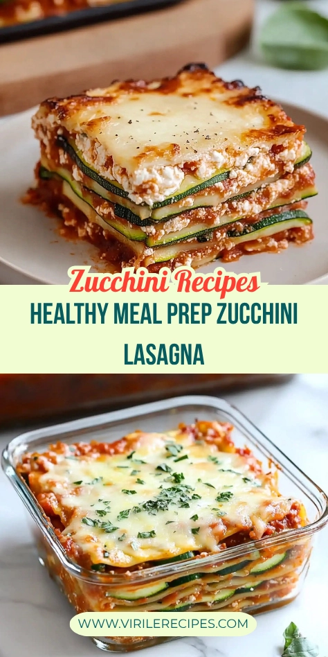 Two-image collage of healthy zucchini lasagna: a plated slice and a glass meal prep container