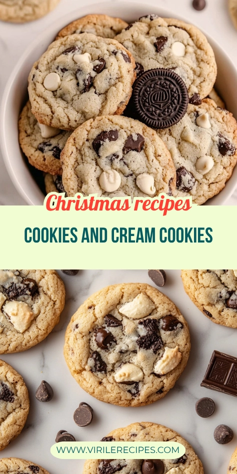 Holiday cookies and cream cookies with white and dark chocolate chips in a bowl and on a marble surface